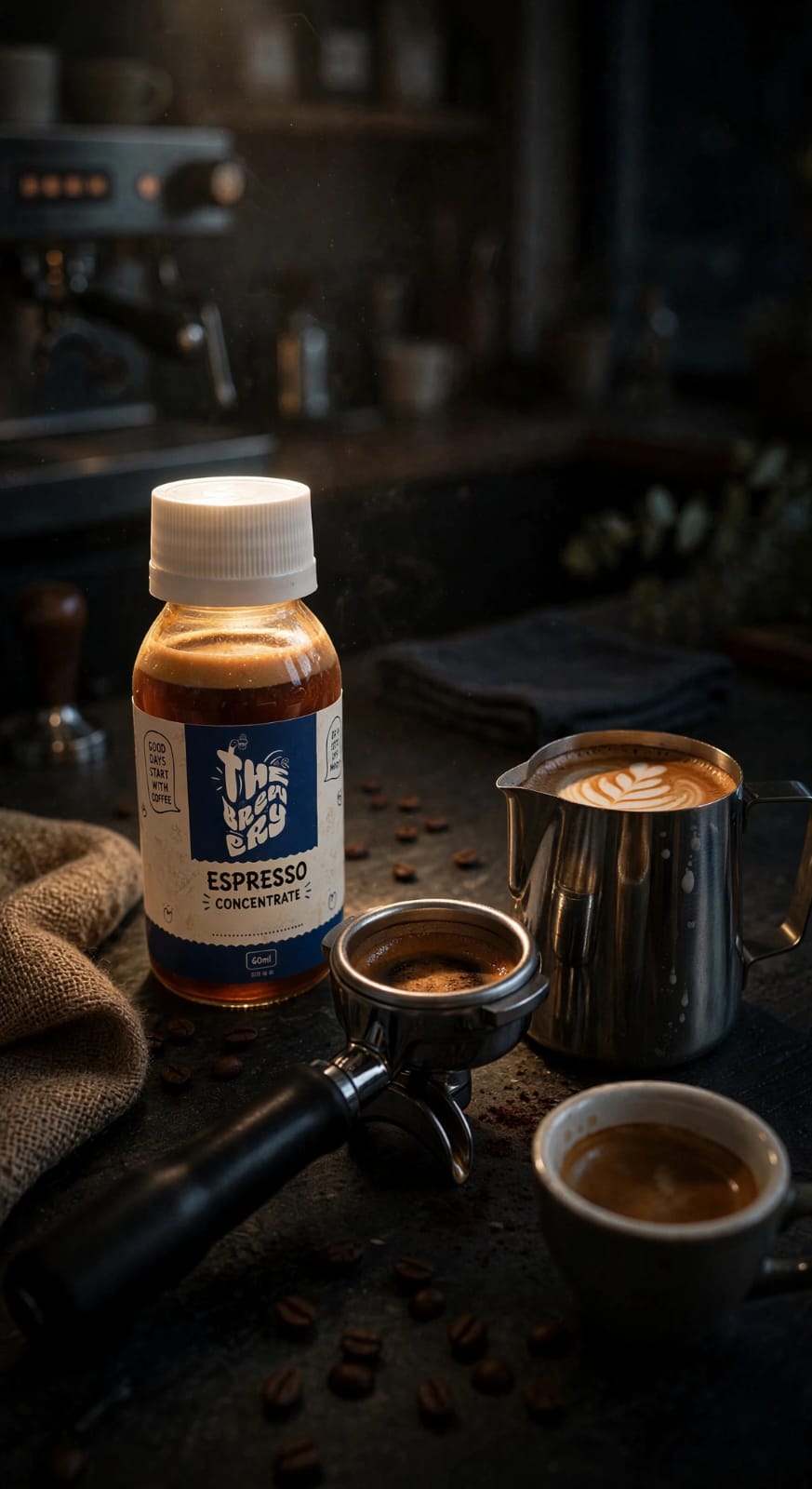 The Brewery espresso concentrate beside freshly prepared coffee